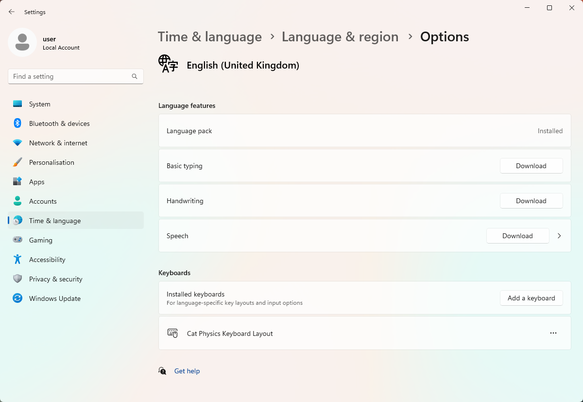 Settings: Time & language > Languages & region > Options