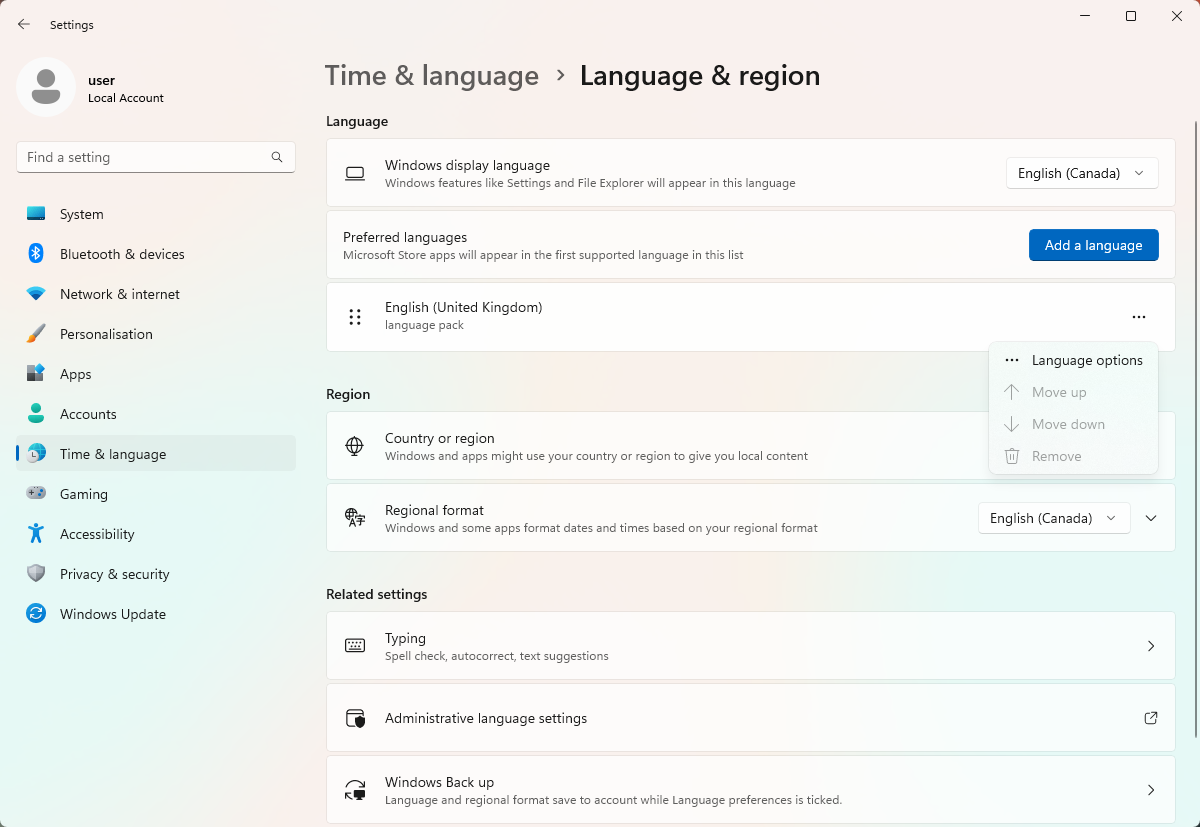 Settings: Time & language > Languages & region